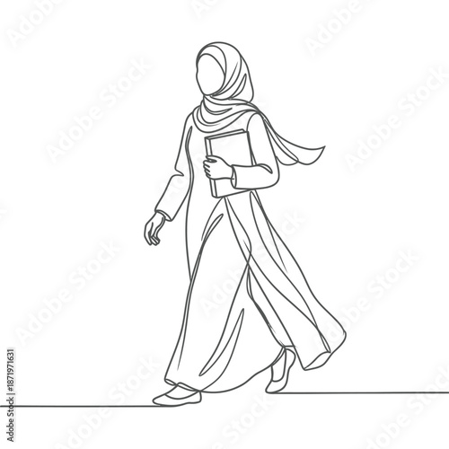 A minimalist line drawing depicts a woman in traditional islamic clothing walking with a book
