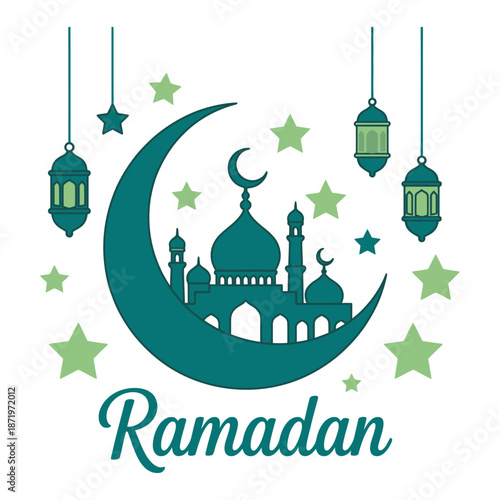 A beautiful ramadan illustration featuring a crescent moon mosque stars and hanging lanterns