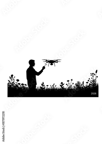 Cyber Gardening and AI Assistant Silhouette. Person with Robotic Drone in Rewilded Garden for 2026 Sustainable Tech and Smart Home Concept Vector.