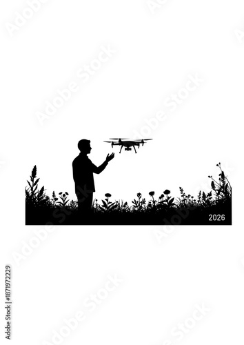 Cyber Gardening and AI Assistant Silhouette. Person with Robotic Drone in Rewilded Garden for 2026 Sustainable Tech and Smart Home Concept Vector.