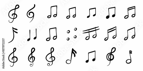 A collection of various musical notes and symbols in black and white