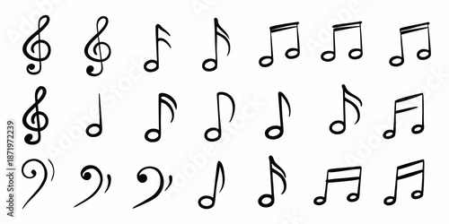 A collection of various musical notes and symbols in black and white