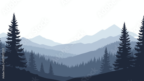 Misty Mountain Range with Evergreen Forest Silhouette.