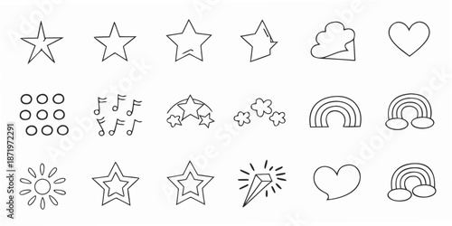 A collection of simple black and white line drawings of various shapes and objects