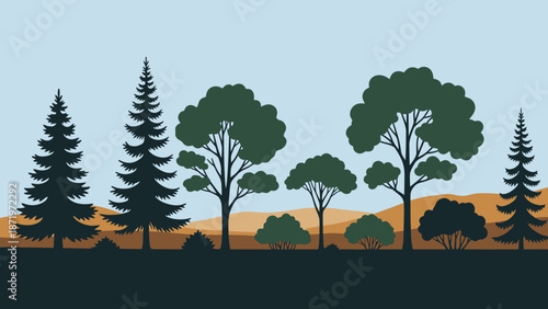 Diverse Forest Landscape Silhouette with Various Trees and Hills.