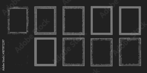 A grayscale arrangement of eight rectangular frames with rough edges