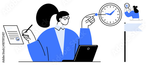 Time management. Businesswoman balancing tasks with effective time management, meeting deadlines, and setting objectives. Time management for planning, productivity, workplace efficiency, and career