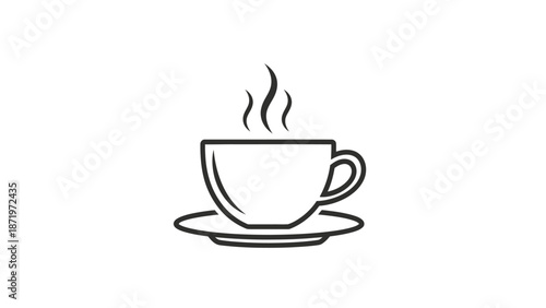 Steaming Hot Coffee Cup Outline Icon, Warm Drink Beverage Symbol on Isolated White Background