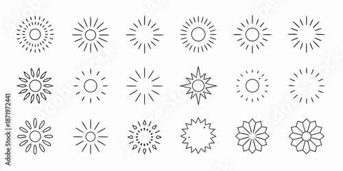 Collection of minimalist sun and starburst line art icons in a grid