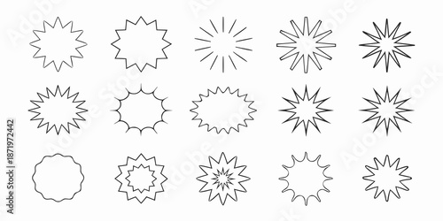 Collection of diverse starburst and geometric shape outlines in black and white