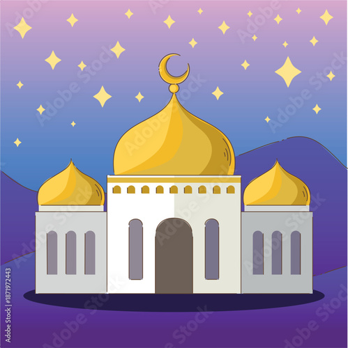 Calm spiritual depiction of mosque with shining domes and stars