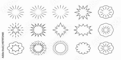 Collection of linear starbursts sunbursts and radial line designs in black and white