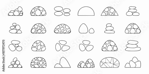 Collection of simple black and white rock stack and pebble illustrations