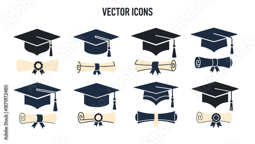 Graduation Caps and Diplomas Vector Icons Set.