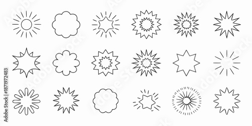 Collection of diverse sunburst and star shapes in a simple line art style