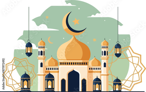 Ramadan Kareem and Eid Mubarak Diverse Mosque Illustration and Traditional Islamic Decorative Elements Set