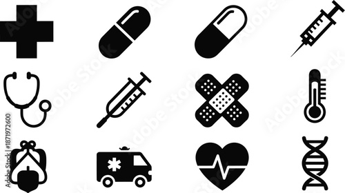 Medical Healthcare Pharmacy Science Emergency Icons Set with vector illustration