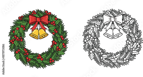 Christmas wreath with bells and red bow vector illustration set, green holiday decoration with berries, isolated cartoon line art and colored version for coloring book page or greeting card