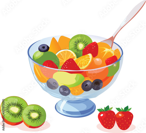 a colorful glass bowl filled with a vibrant and healthy fruit salad high quality