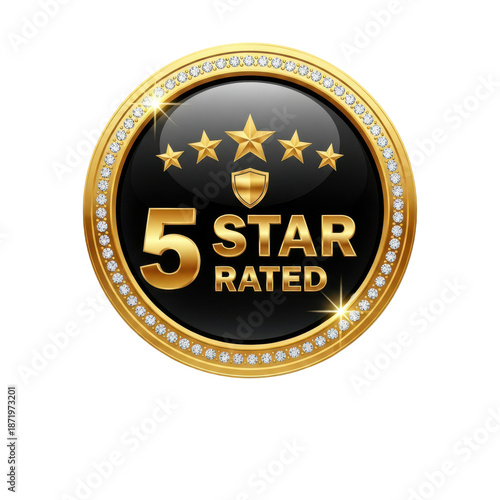 Luxurious 5 star rated gold and black glossy badge with diamond embellishments and sparkles, isolated on transparent background