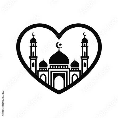 A black and white heart shape encloses a detailed mosque illustration symbolizing faith and love