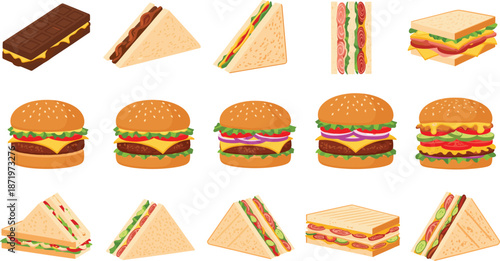 Assorted burgers, sandwiches, and snacks including chocolate bar and layered sandwiches in flat vector illustration set