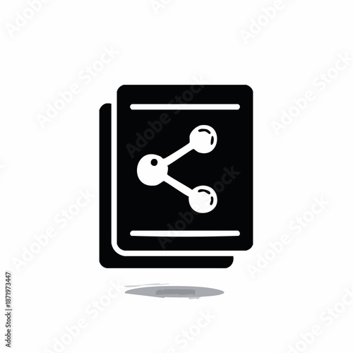 Stylized graphic of multiple documents with a prominent share network symbol, illustrating digital information exchange, collaborative work, and file distribution concept