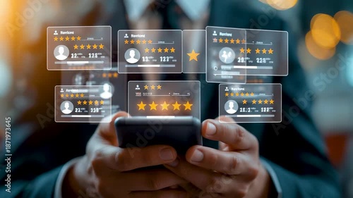 Businessman hands holding smartphone displaying multiple floating holographic rating stars five star reviews customer feedback satisfaction holograms glowing over screen