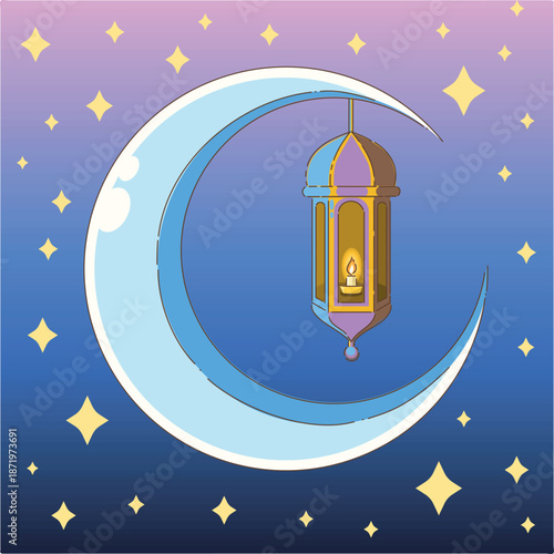 Dusk sky lit up by glowing crescent moon and sparkling celestial bodies