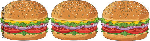 Three classic cheeseburgers illustration with sesame buns, fresh vegetables, onion slices, and melted cheese layers