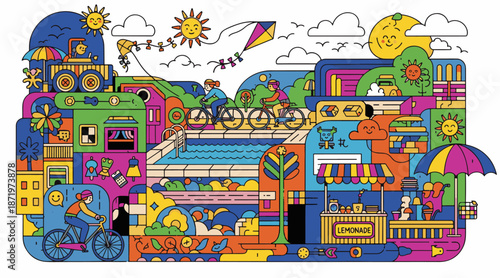 Colorful abstract illustration of urban park with cyclists and pool