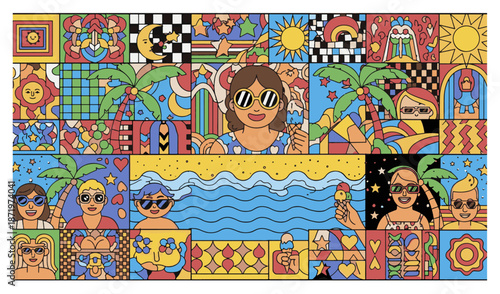 Colorful Pop Art Collage with Tropical Beach and Abstract Patterns