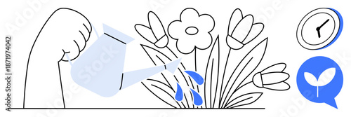 Gardening, sustainability, environmental care, time management, growth, and plant nurturing. Hand pouring water on blooming flowers beside a clock and leaf icon. Gardening and sustainability concept