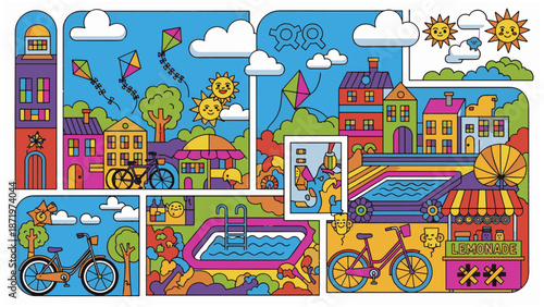 Colorful Cartoon Cityscape with Bicycles and Pool in Summer