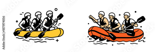 Exciting river rafting adventure with teams in kayak and raft