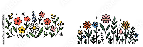 Colorful vector illustration of diverse wildflowers and greenery
