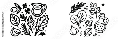 Vector illustration of various herbs and oil pitcher in organic style