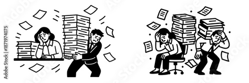 Overwhelmed office workers struggling with paperwork and deadlines