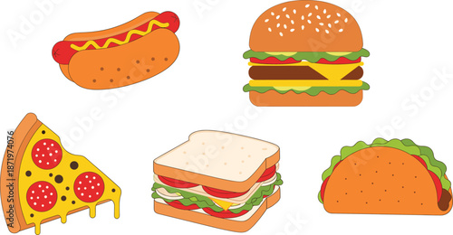 Fast food icons set featuring hot dog, cheeseburger, pizza slice, sandwich, and taco in flat style