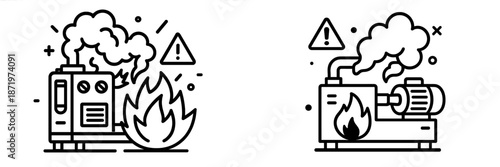 Illustration shows equipment on fire with smoke and warning signs