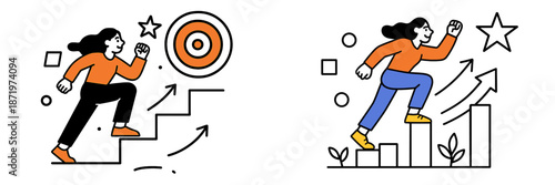 Motivation for success illustrated through climbing stairs and targets