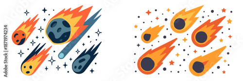 Colorful vector illustration of comets and meteors in space