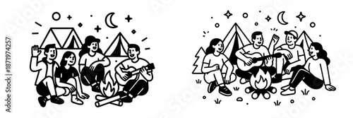 Campfire gathering with friends enjoying music and laughter outdoors