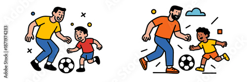 Fathers and sons playing soccer in a fun outdoor activity