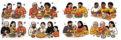 Diverse families enjoying meals together during festive gatherings