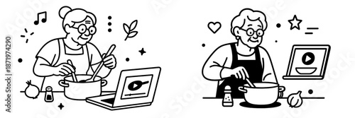 Elderly woman cooking with a laptop for recipe assistance