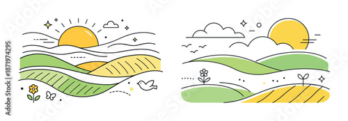 Minimalist landscape with sun hills clouds bird and flowers