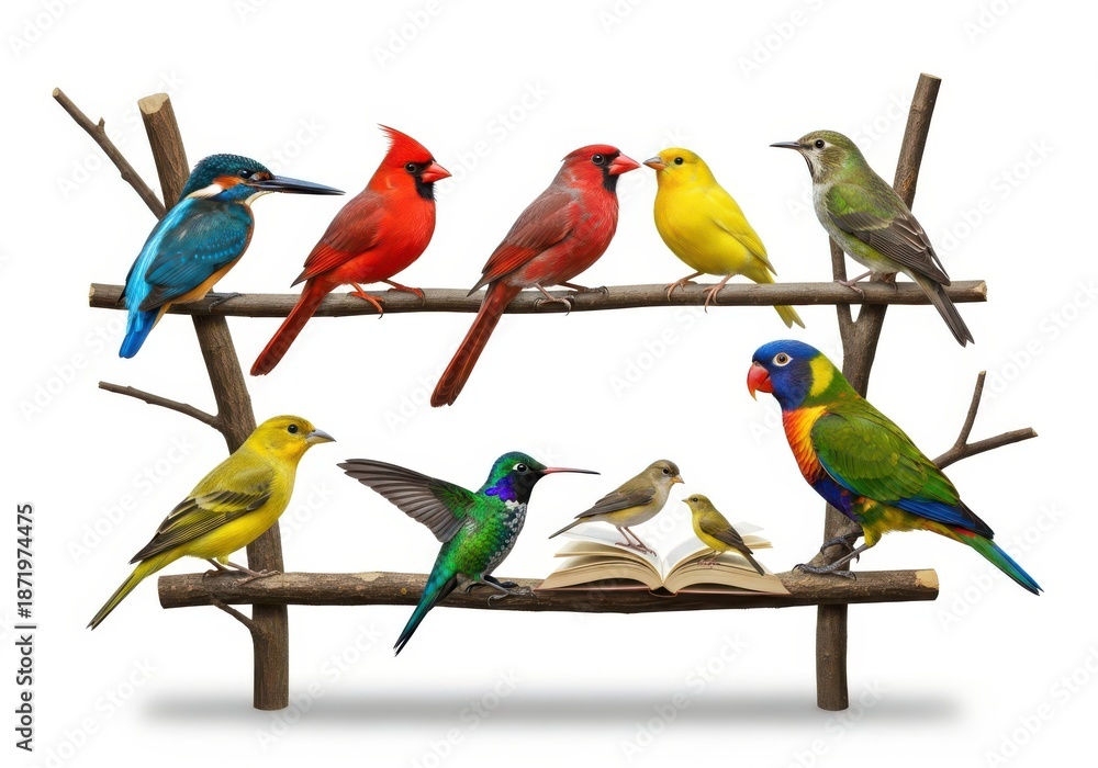 Fototapeta premium Collection of diverse, vividly colored avian species perched upon a wooden structure against a stark white background