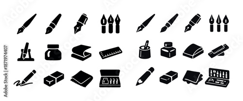 Art and calligraphy tools: brushes, pens, ink bottles, erasers, rulers, cutters