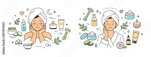 Asian female adults enjoying skincare routine with natural products